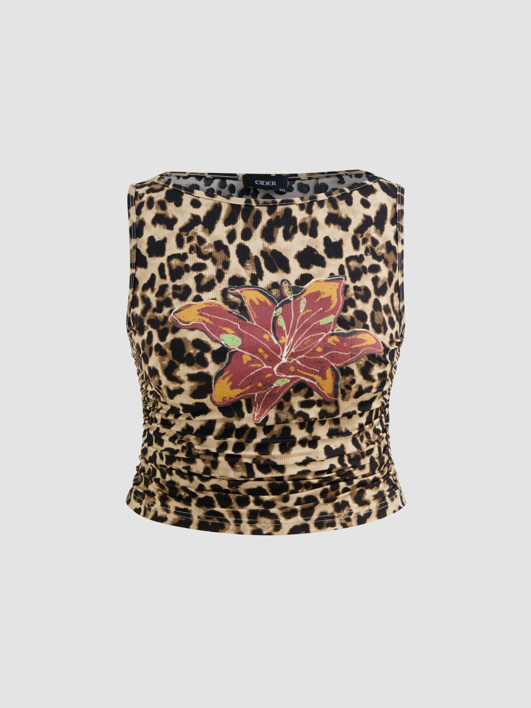 Boat Neck Leopard Floral Ruched Crop Tank Top Curve & Plus