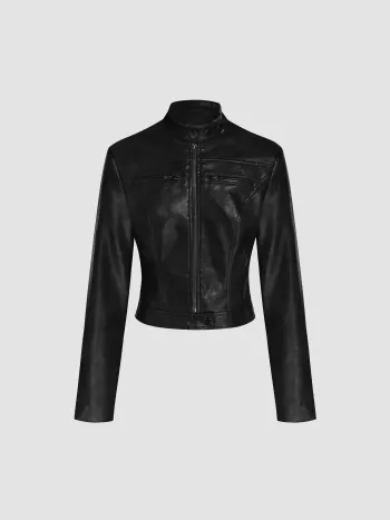 Faux-Leder-Reitjacke mit Stehkragen und Reißverschluss