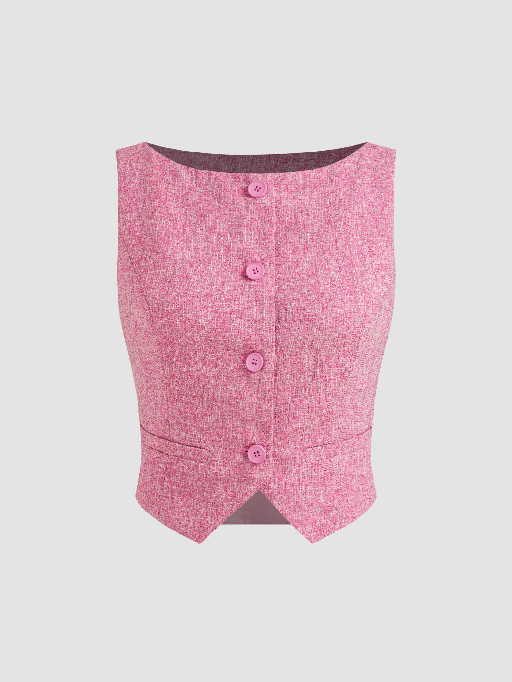 Tweed Boat Neck Solid Button Vest