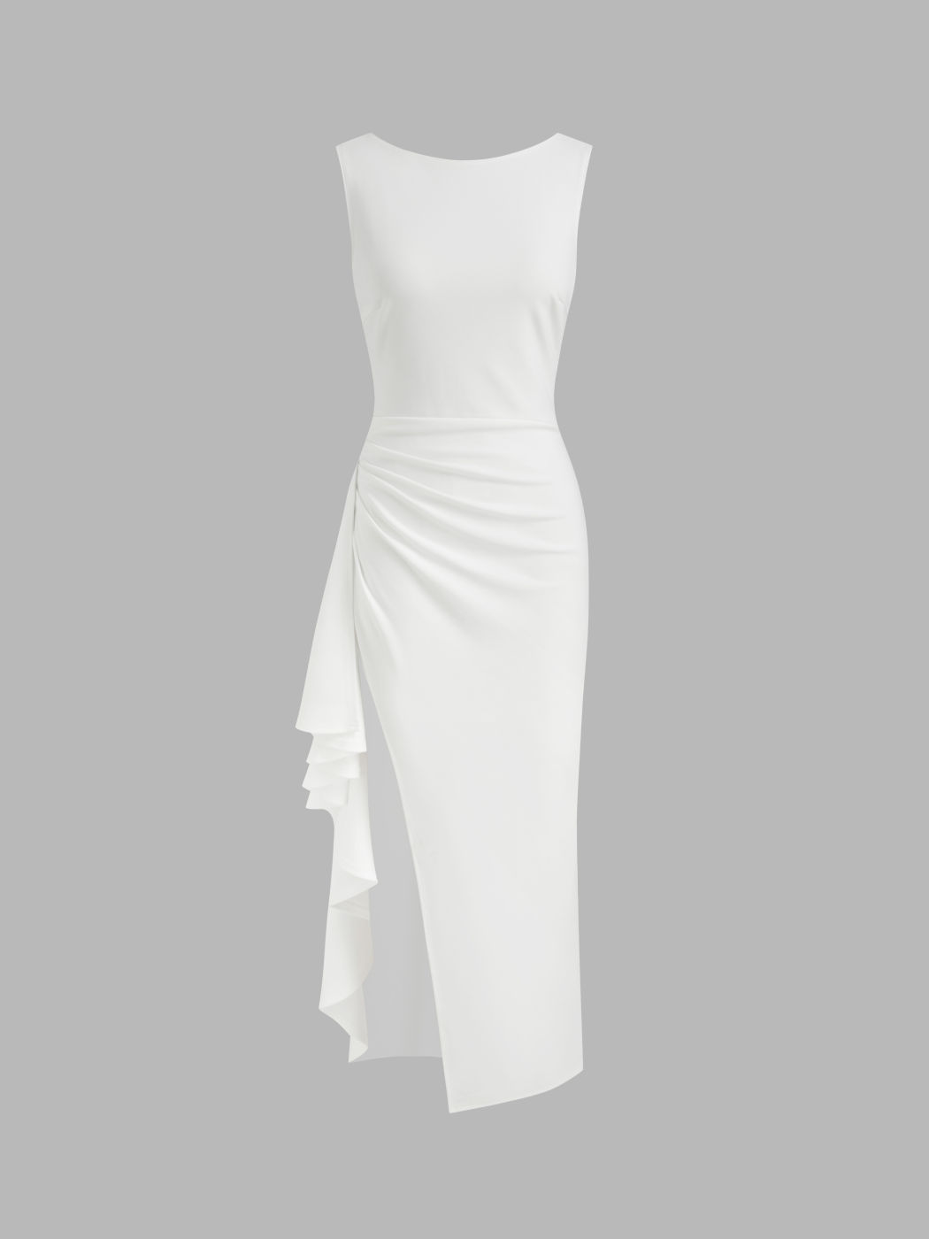 Boat Neck Solid Ruffle Hem Split Backless Ruched Maxi Dress