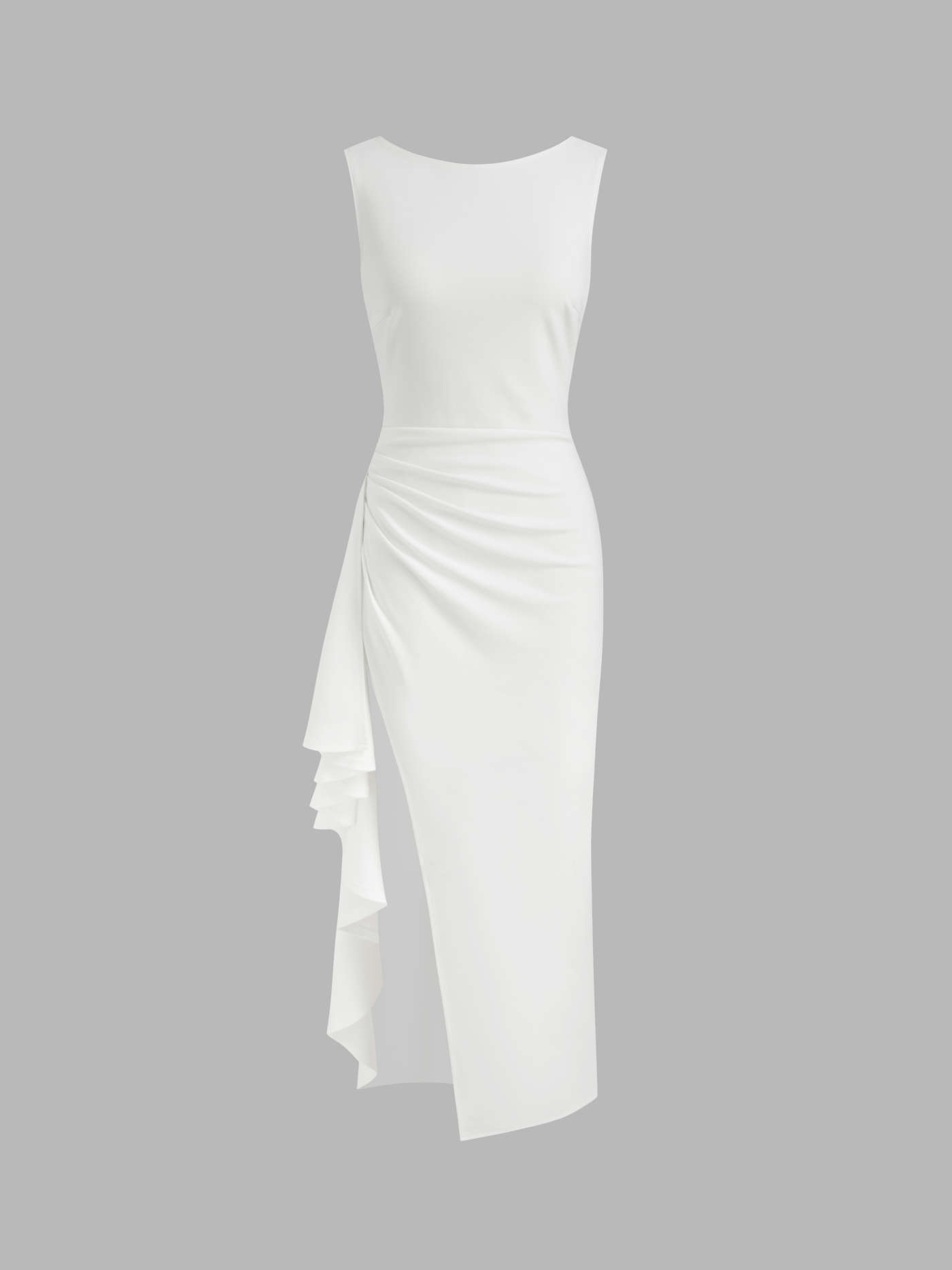 Boat Neck Solid Ruffle Hem Split Backless Ruched Maxi Dress
