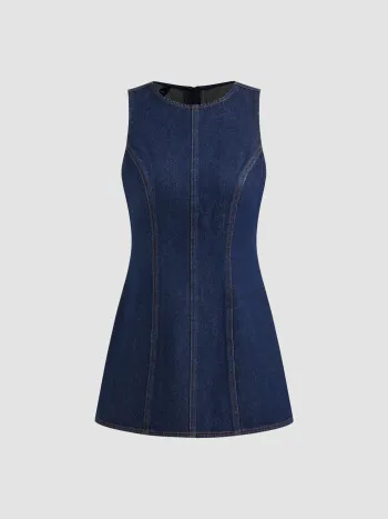 Denim Solid Zipper Sleeveless Mini Dress
