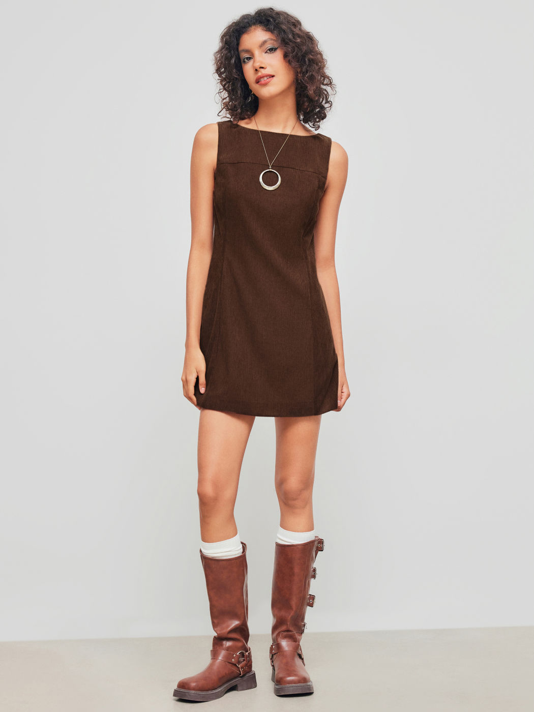 Corduroy Boat Neck Solid Zipper Mini Dress