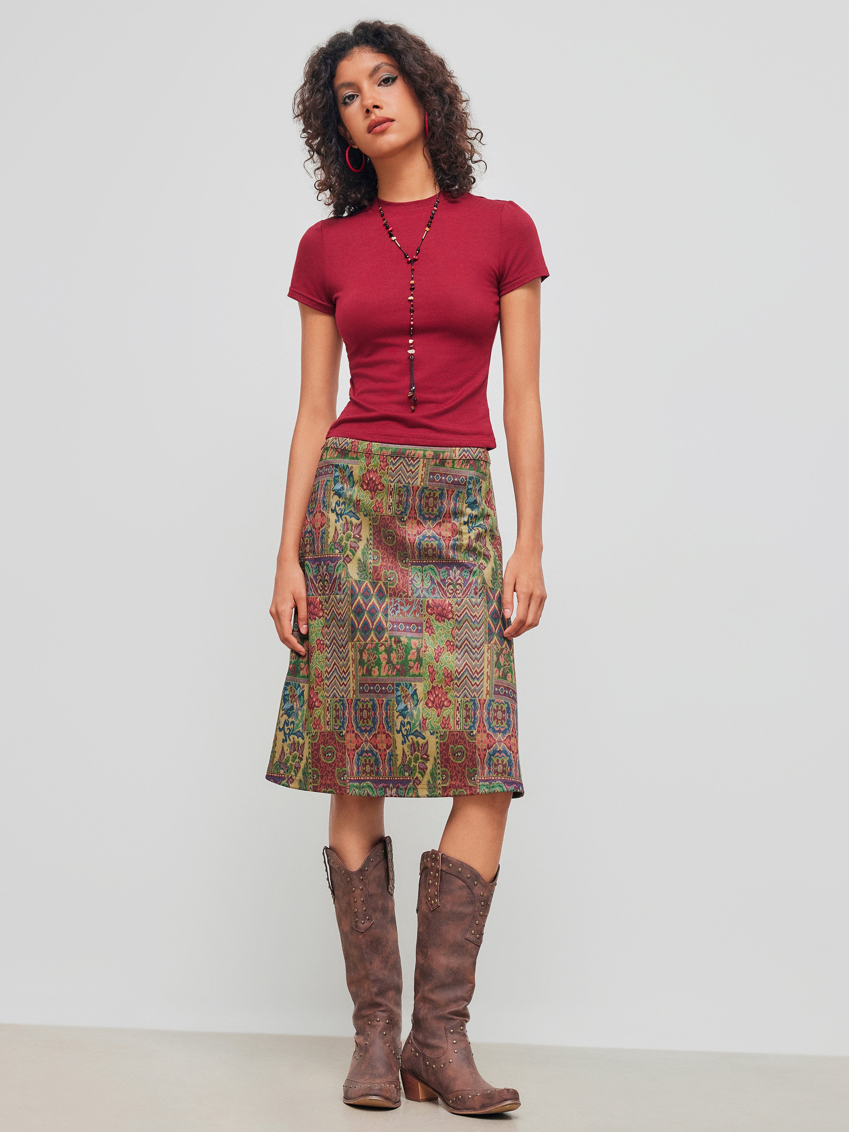 Aztec Mid Woven Mid Rise Aztec Ruffle Midi Skirt For Vacation Holiday