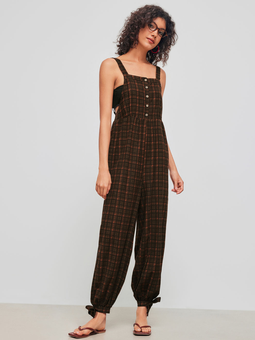 100% Cotton Square Neck Check Knotted Jogger Jumpsuit