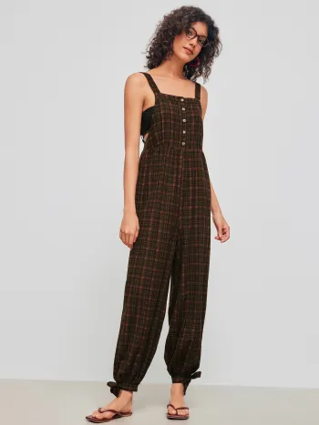 100% Cotton Square Neck Check Knotted Jogger Jumpsuit