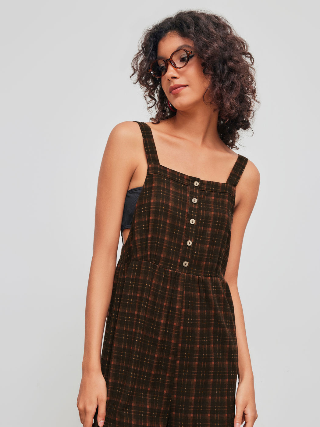 100% Cotton Square Neck Check Knotted Jogger Jumpsuit