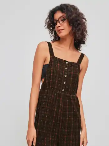 100% Cotton Square Neck Check Knotted Jogger Jumpsuit