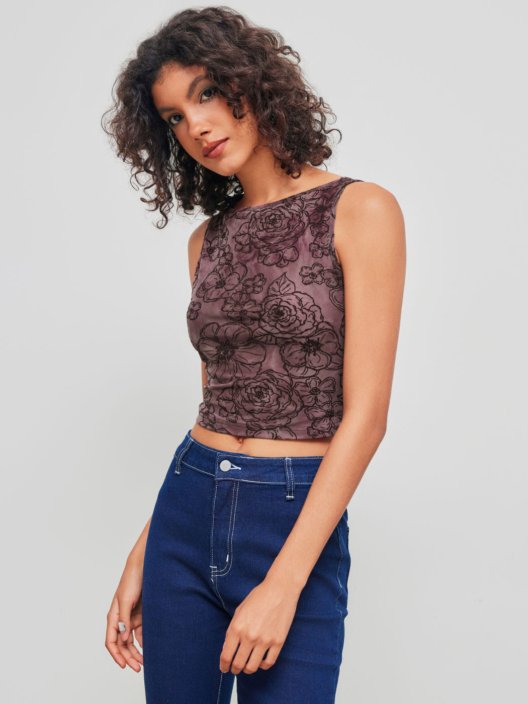 Boat Neck Floral Crop Tank Top