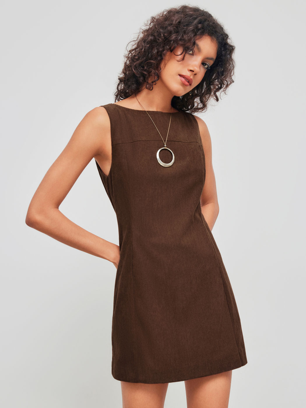 Corduroy Boat Neck Solid Zipper Mini Dress