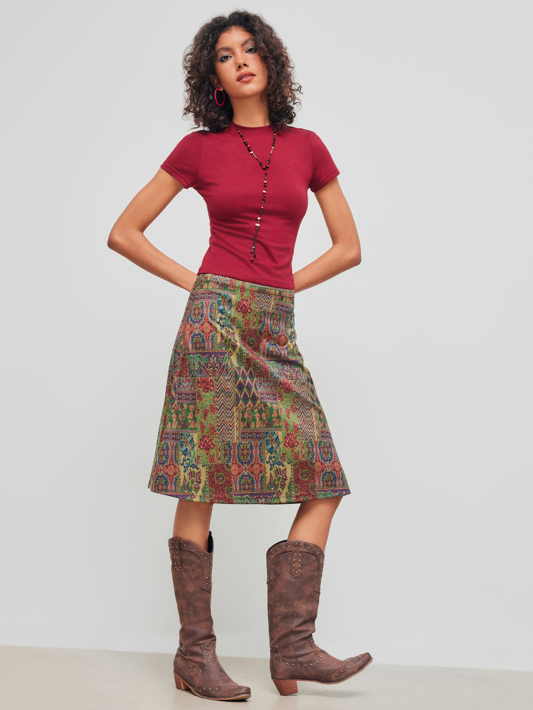 Mid Rise Aztec Ruffle Midi Skirt