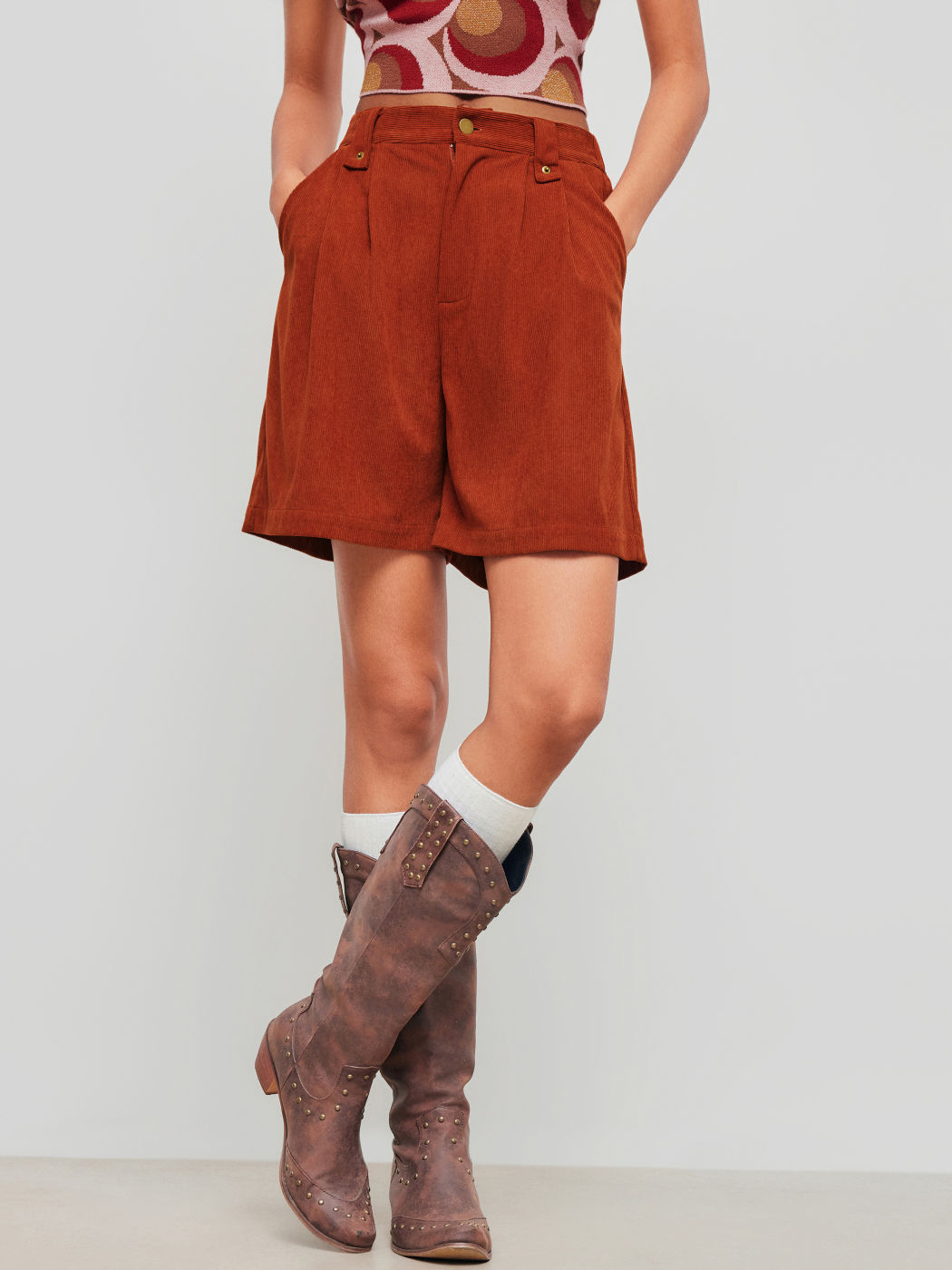 Corduroy Mid Rise Solid Pocket Shorts
