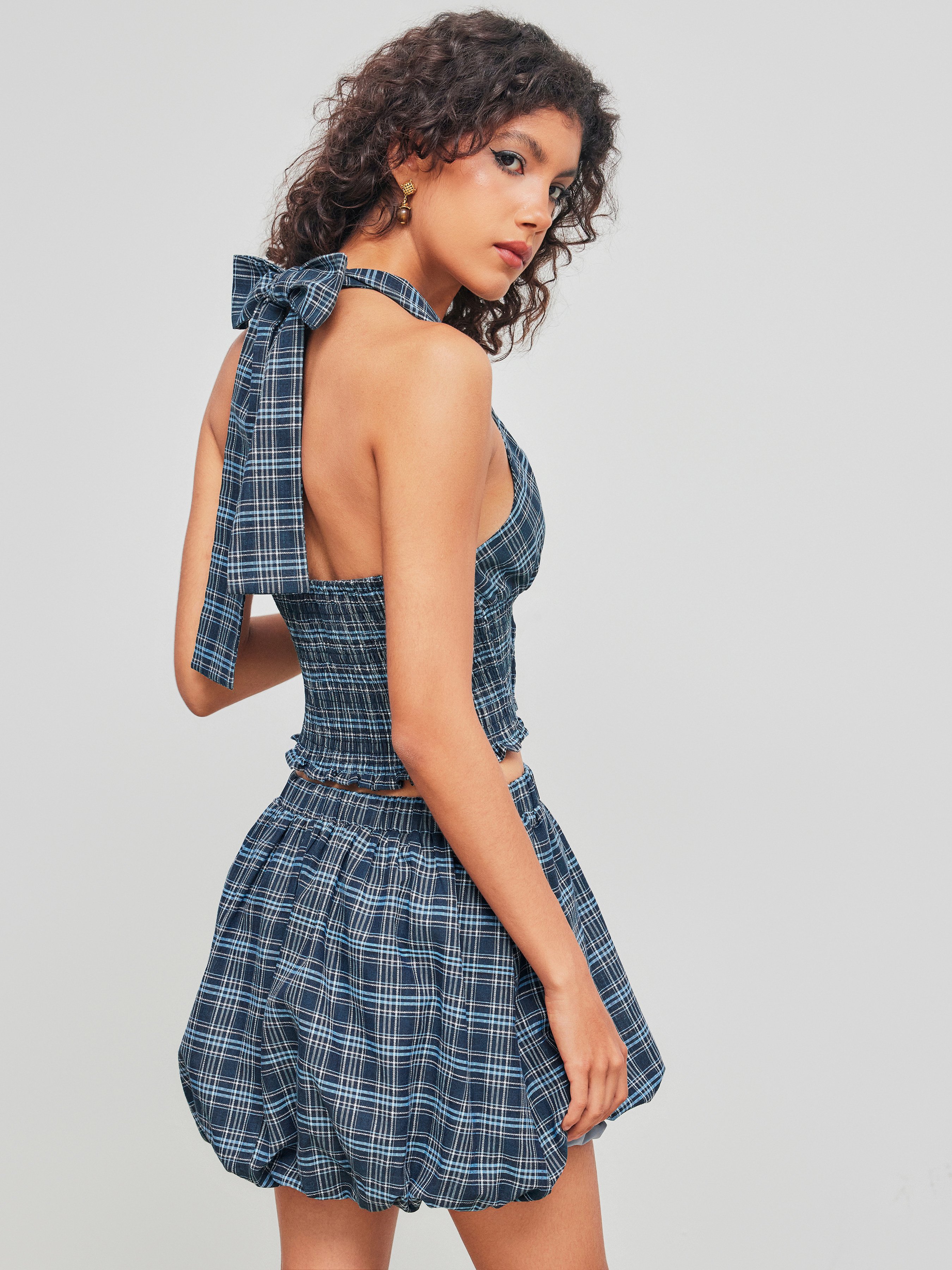 Woven Halter Neckline Check Shirred Knotted Crop Top For Date Holiday