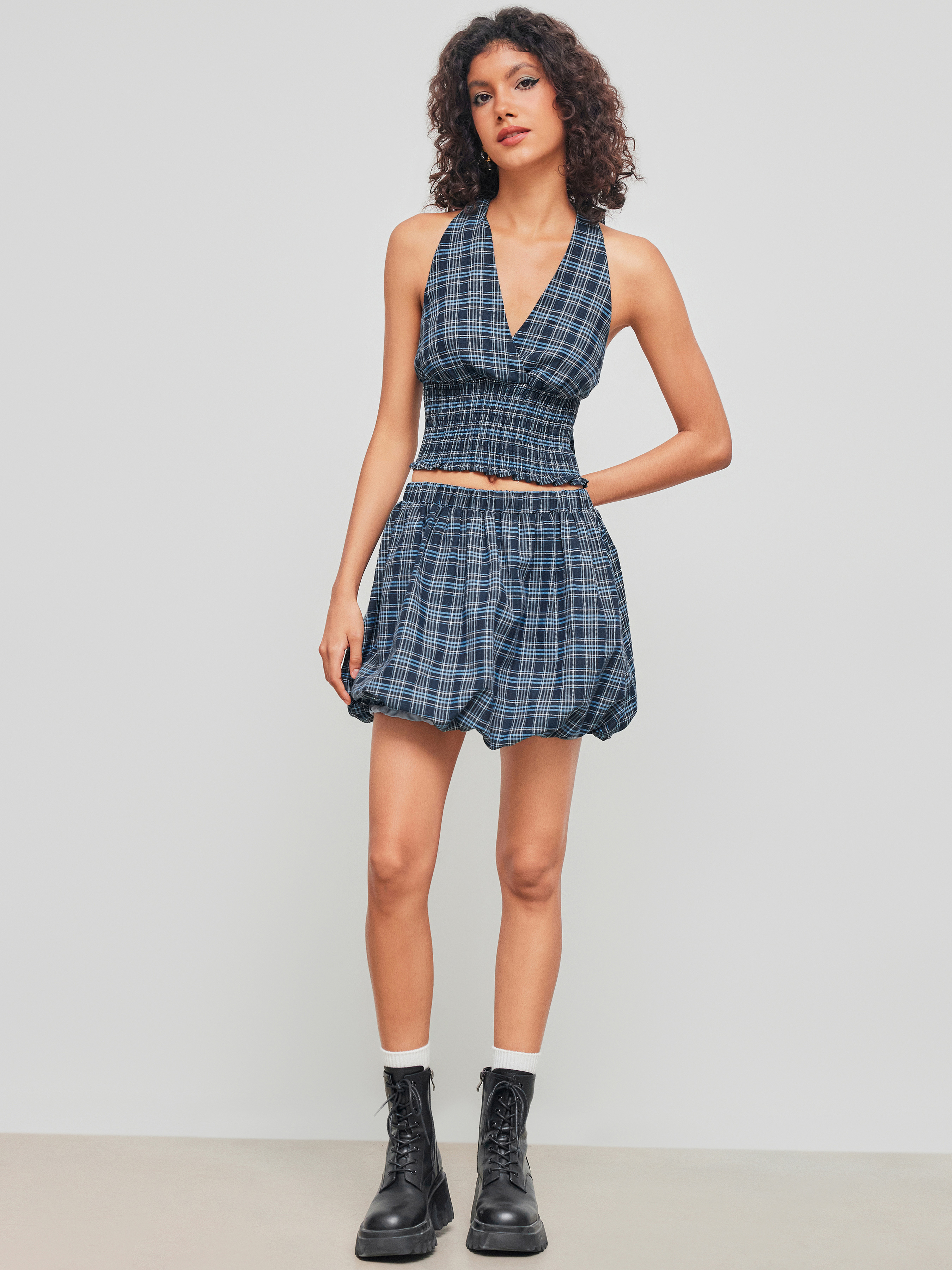 Woven Halter Neckline Check Shirred Knotted Crop Top For Date Holiday