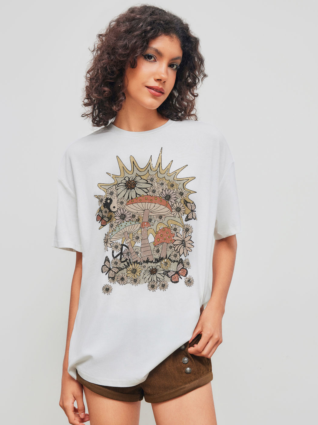 Cotton-blend Round Neckline Floral Butterfly Mushroom Graphic Oversized Tee