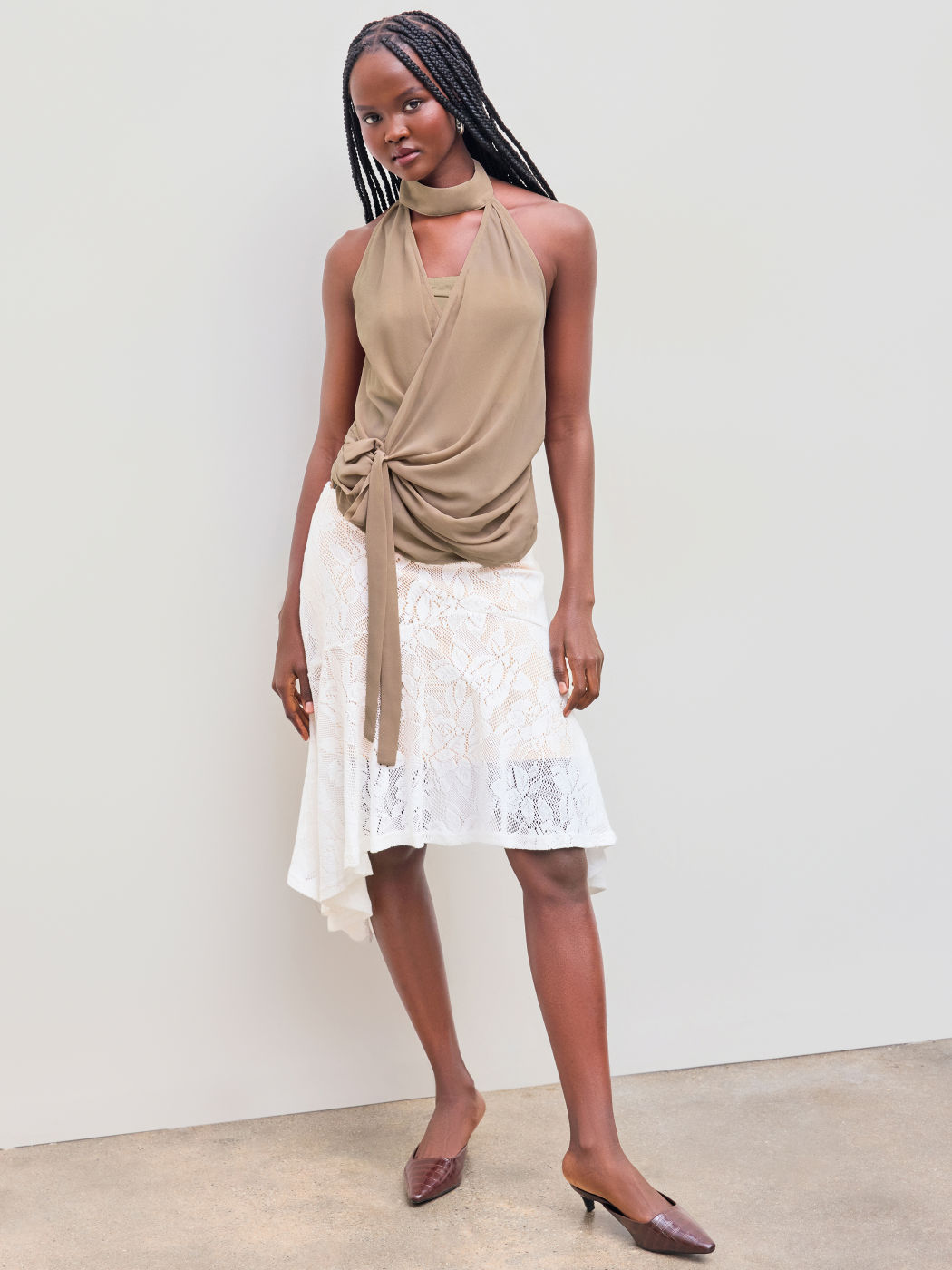 Chiffon Halter Ausschnitt Einfarbig Gerafftes Geknotetes Top Mit Einfarbigem Crop Tube Top