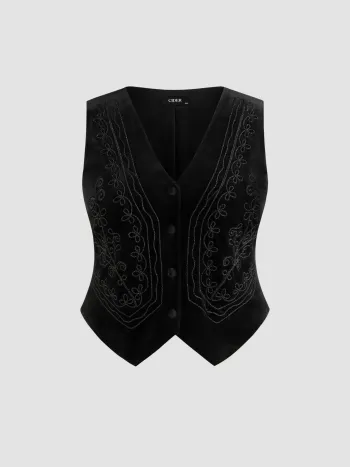 Velvet V-neck Aztec Button Jacket Vest Curve & Plus