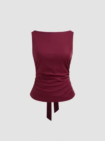 Leinenmischung Bootshals einfarbig Schleifen-Tanktop