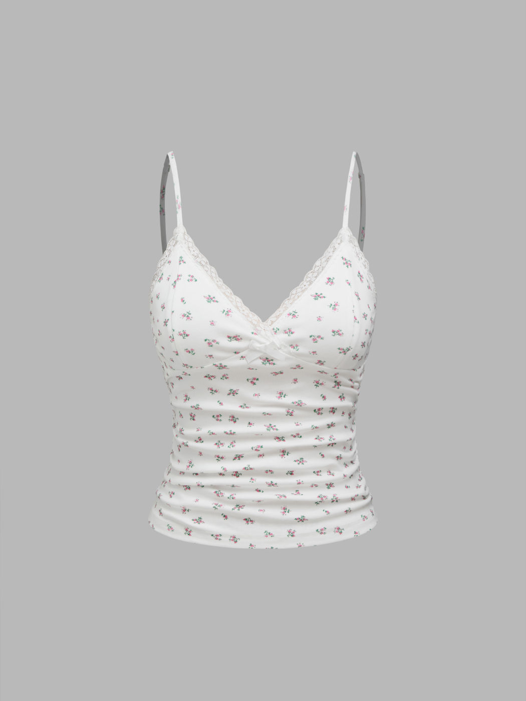V-neck Floral Bowknot Lace Trim Ruched Cami Top