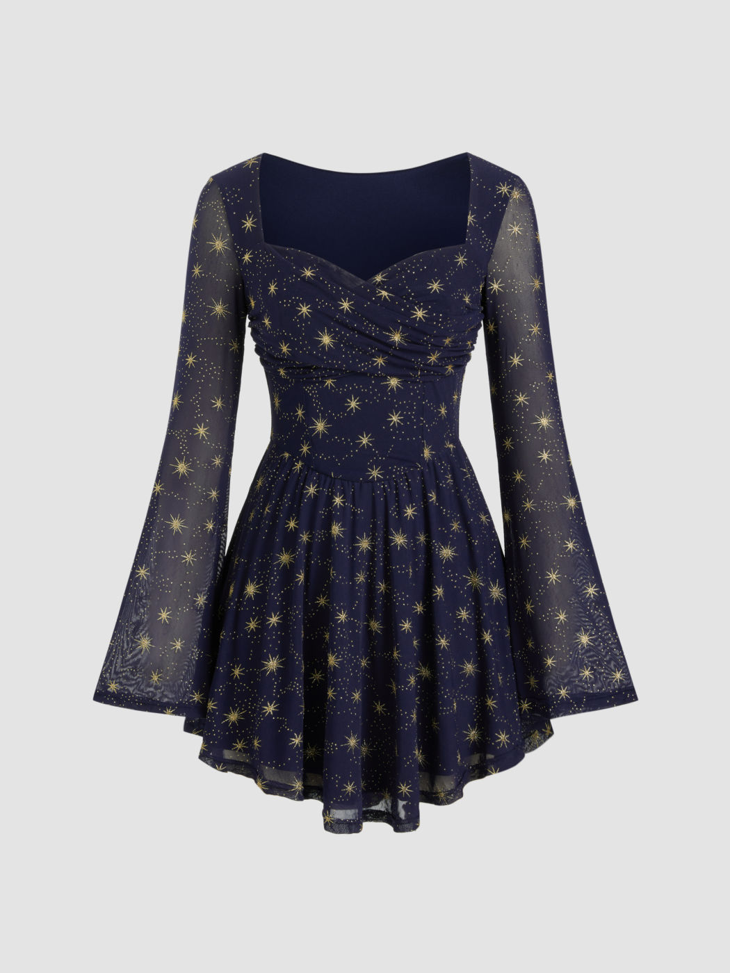 Mesh Sweetheart-Ausschnitt Stern-Glitzer Rüschen Mini Kleid