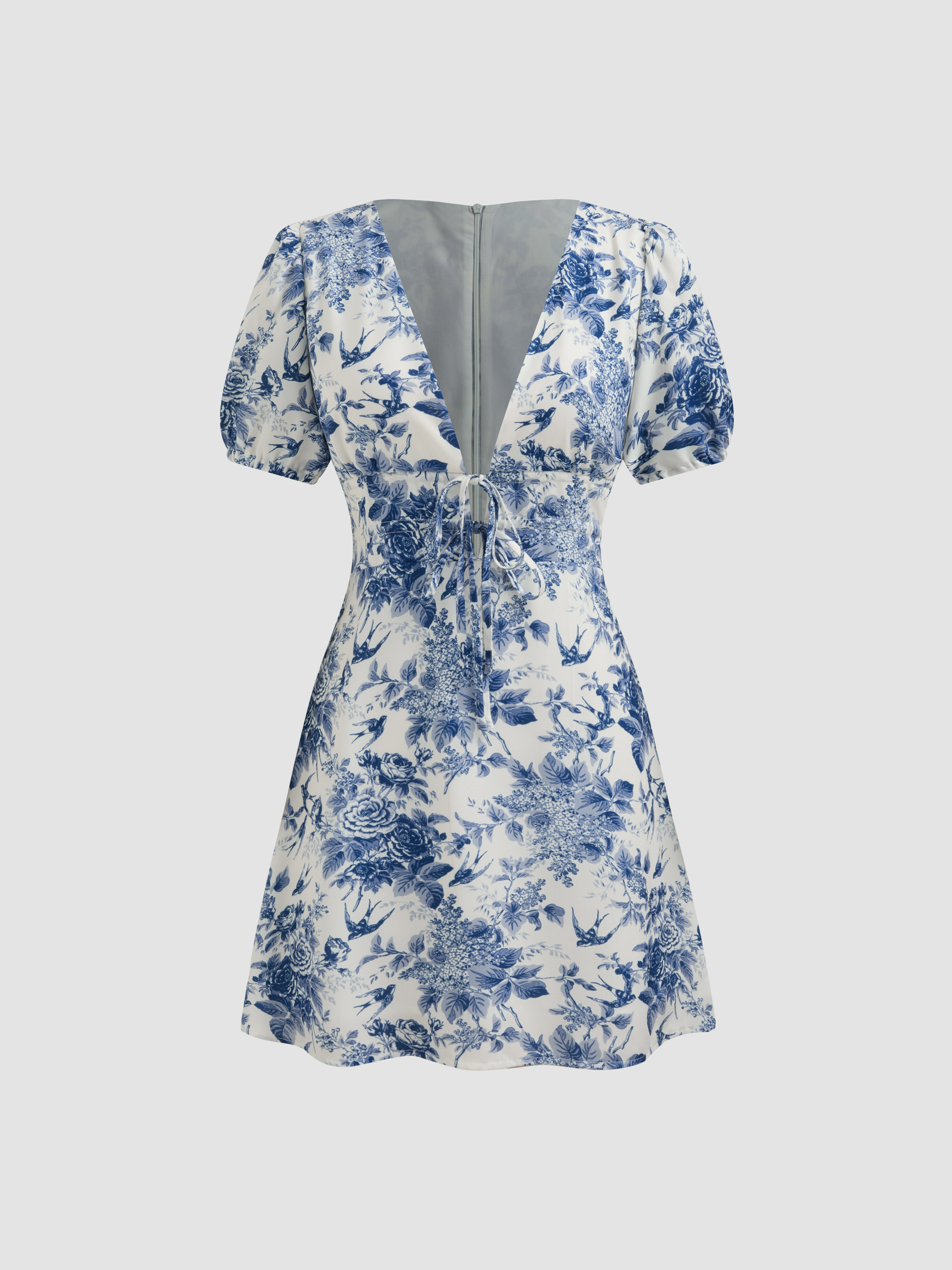 Blue Deep V Neck Self-tie Knotted Front Layered Flare Mini Dress