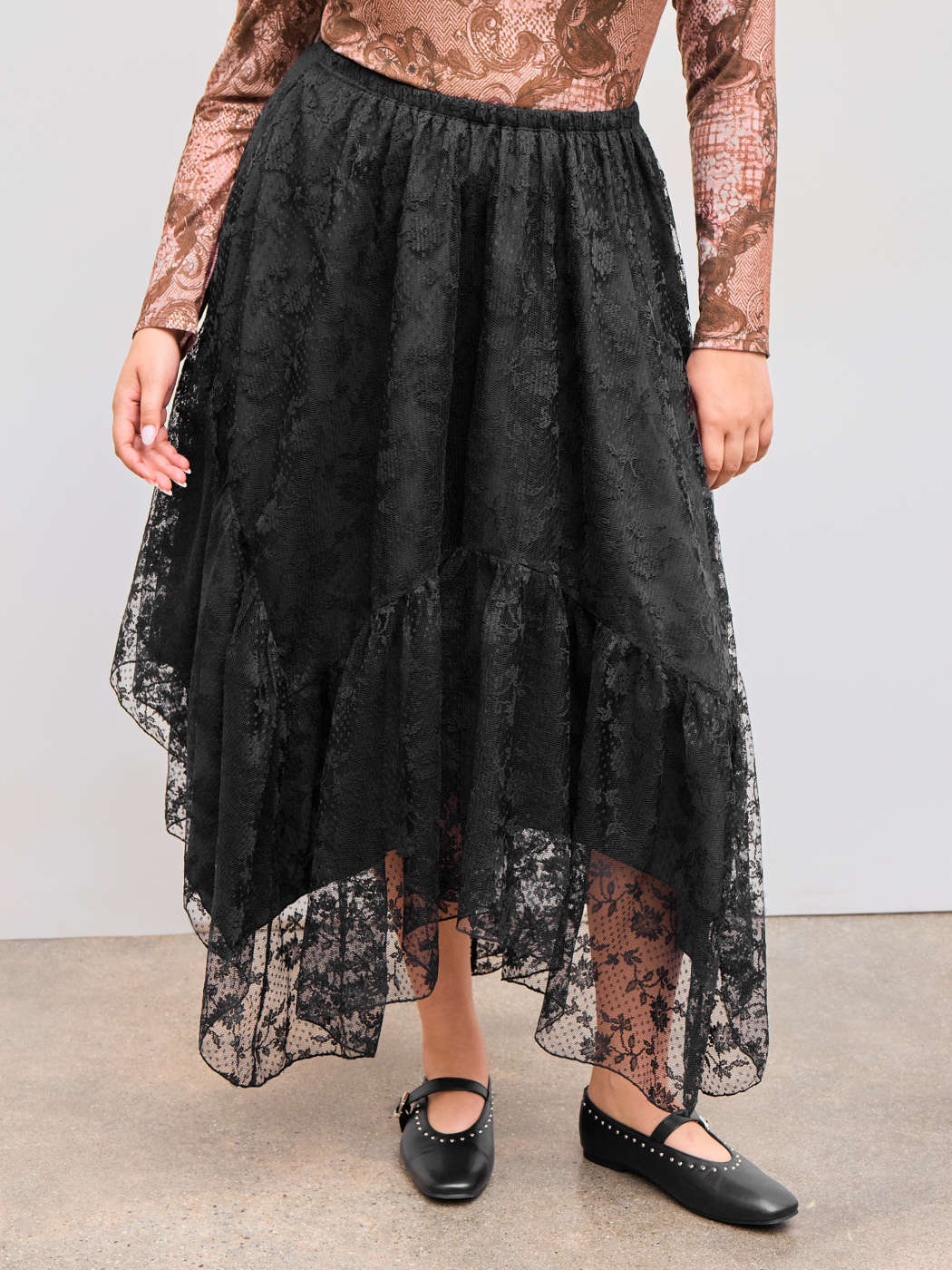 Long Skirts Lace Lace Mid Rise Asymmetrical Tulle Midi Skirt Curve