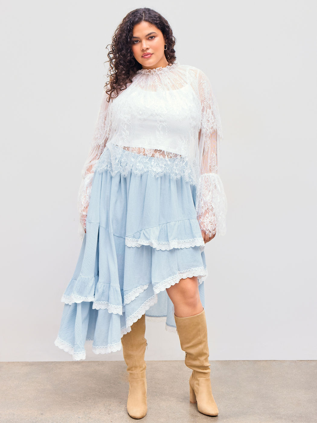 100% Baumwolle Mid Rise Solid Broderie Anglaise Rüsche Asymmetrischer Saum Lagen Maxirock Kurve & Plus