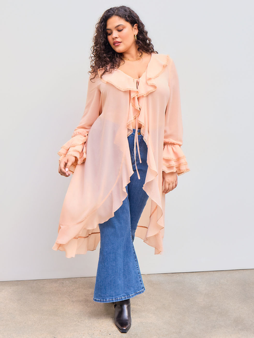 Chiffon V-neck Solid Lace Trim Ruffle Knotted See-through Long Sleeve Blouse Curve & Plus