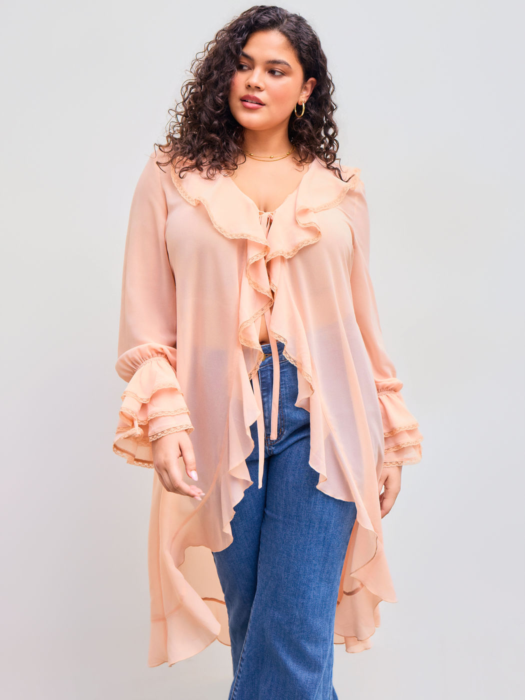 Chiffon V-neck Solid Lace Trim Ruffle Knotted See-through Long Sleeve Blouse Curve & Plus