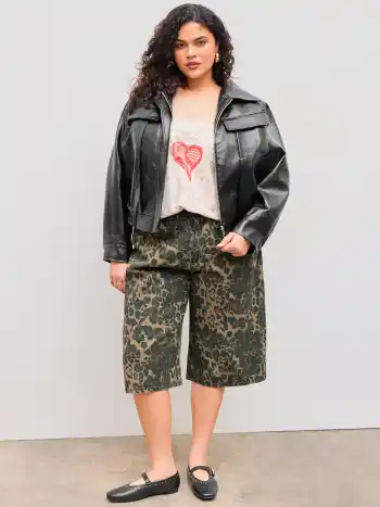 Fauxlederkragen Einfarbige Reißverschlussjacke mit Leopardenfutter Kurve & Plus
