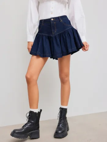 Cider Denim Low Rise Solid Ruffle Hem Micro Skirt