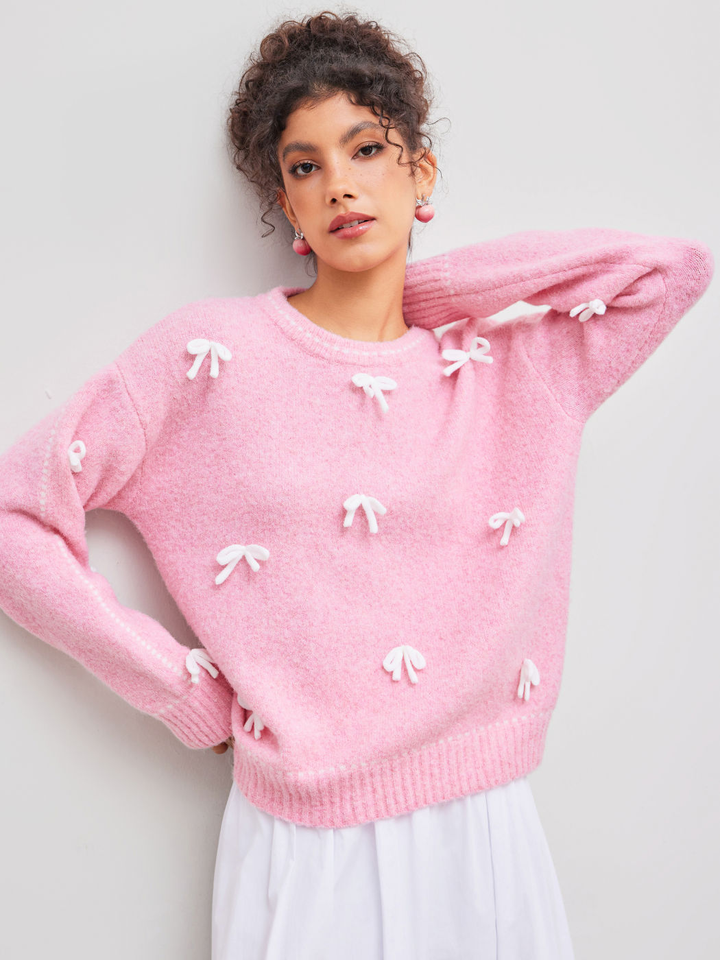 Wool-blend Round Neckline Bowknot Oversized Long Sleeve Top