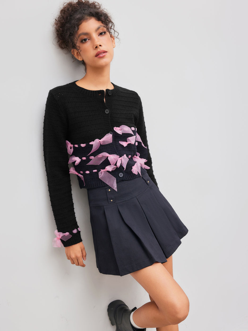 Strick Rundhalsausschnitt Mesh Schleifen Cardigan