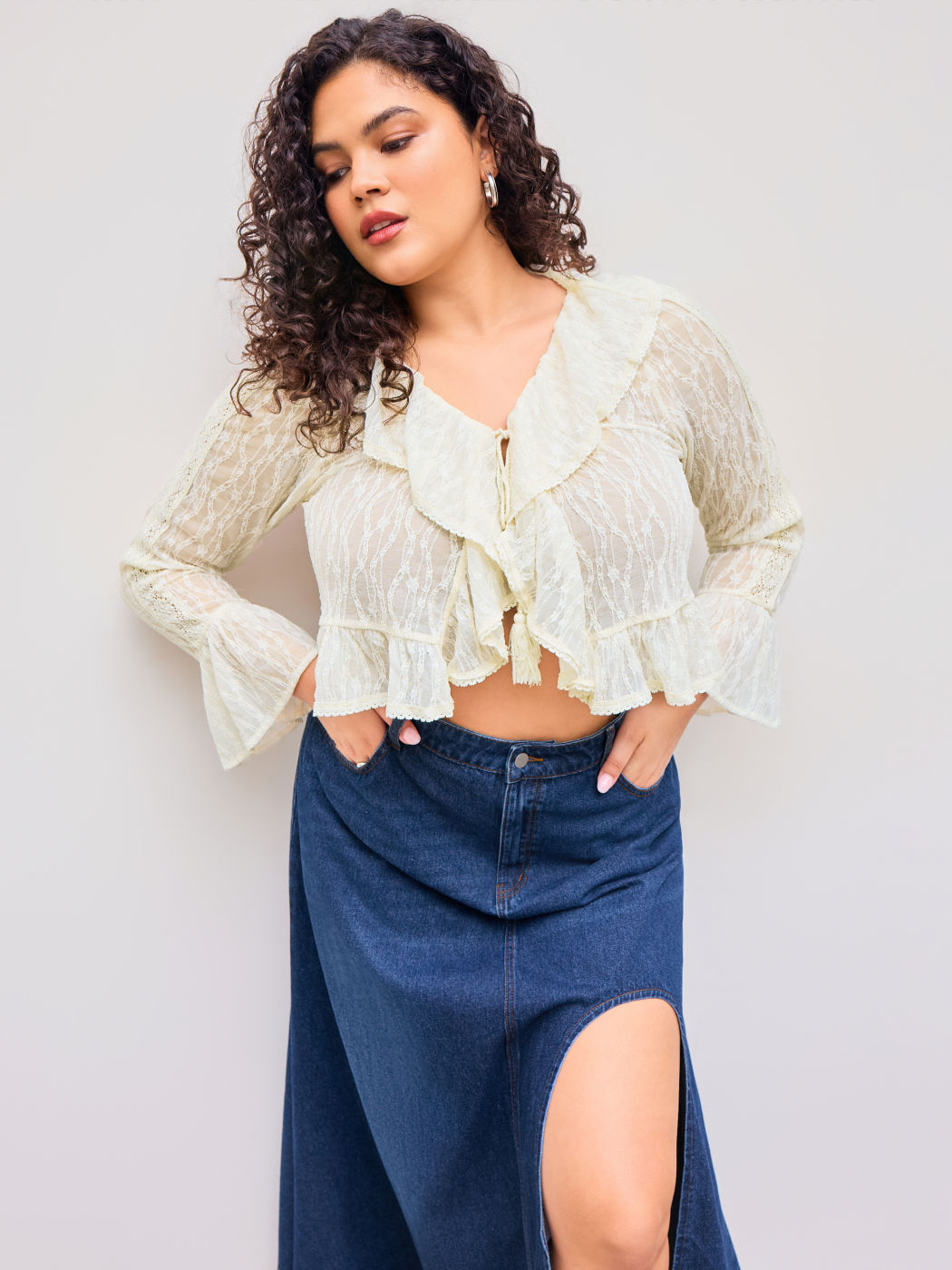 Lace V-neck Solid Tassel Rope Ruffle Hem See-through Crop Blouse Curve & Plus