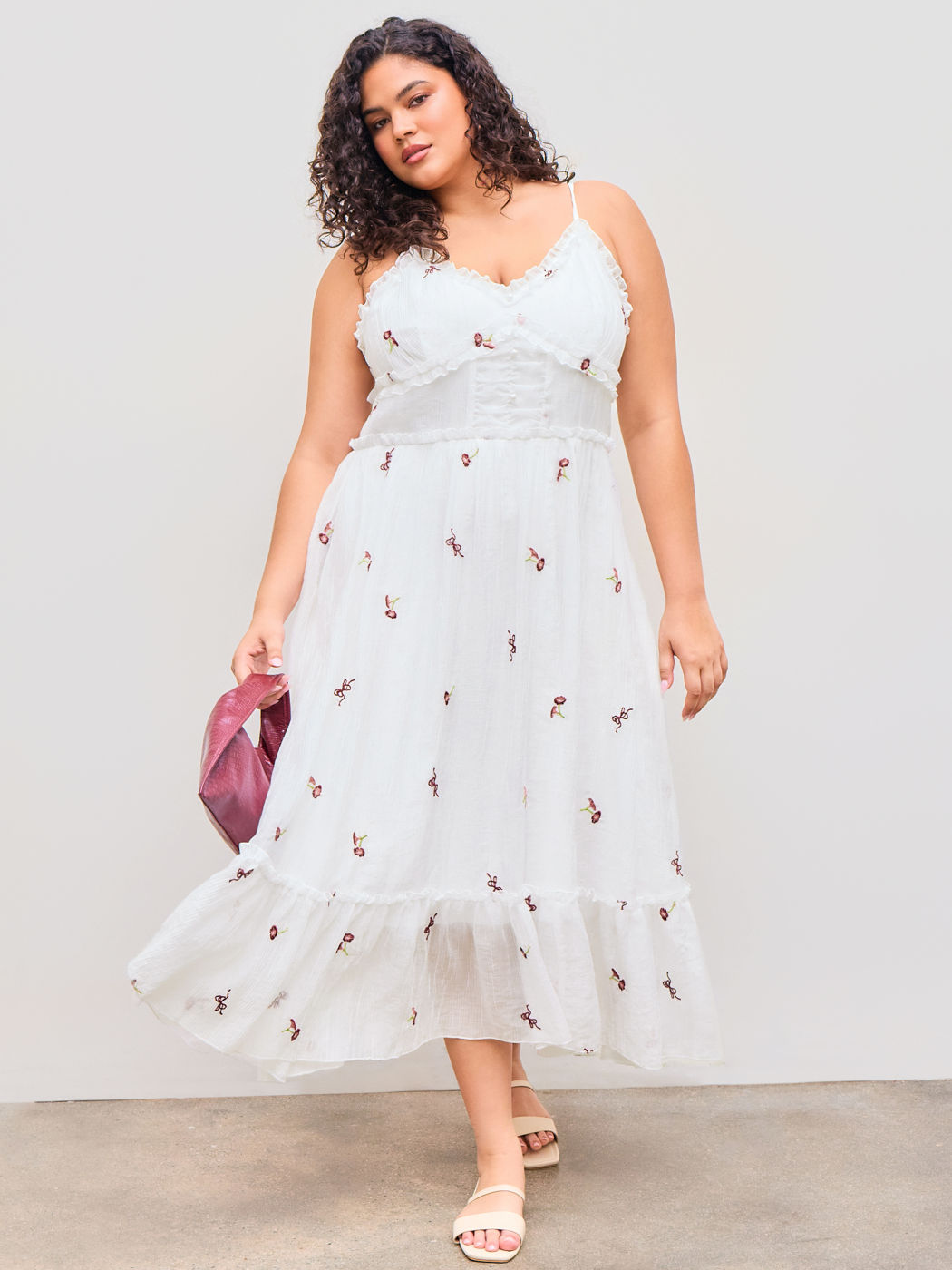 Chiffon V-neck Floral Embroidery Ruffle Hem Maxi Dress Curve & Plus