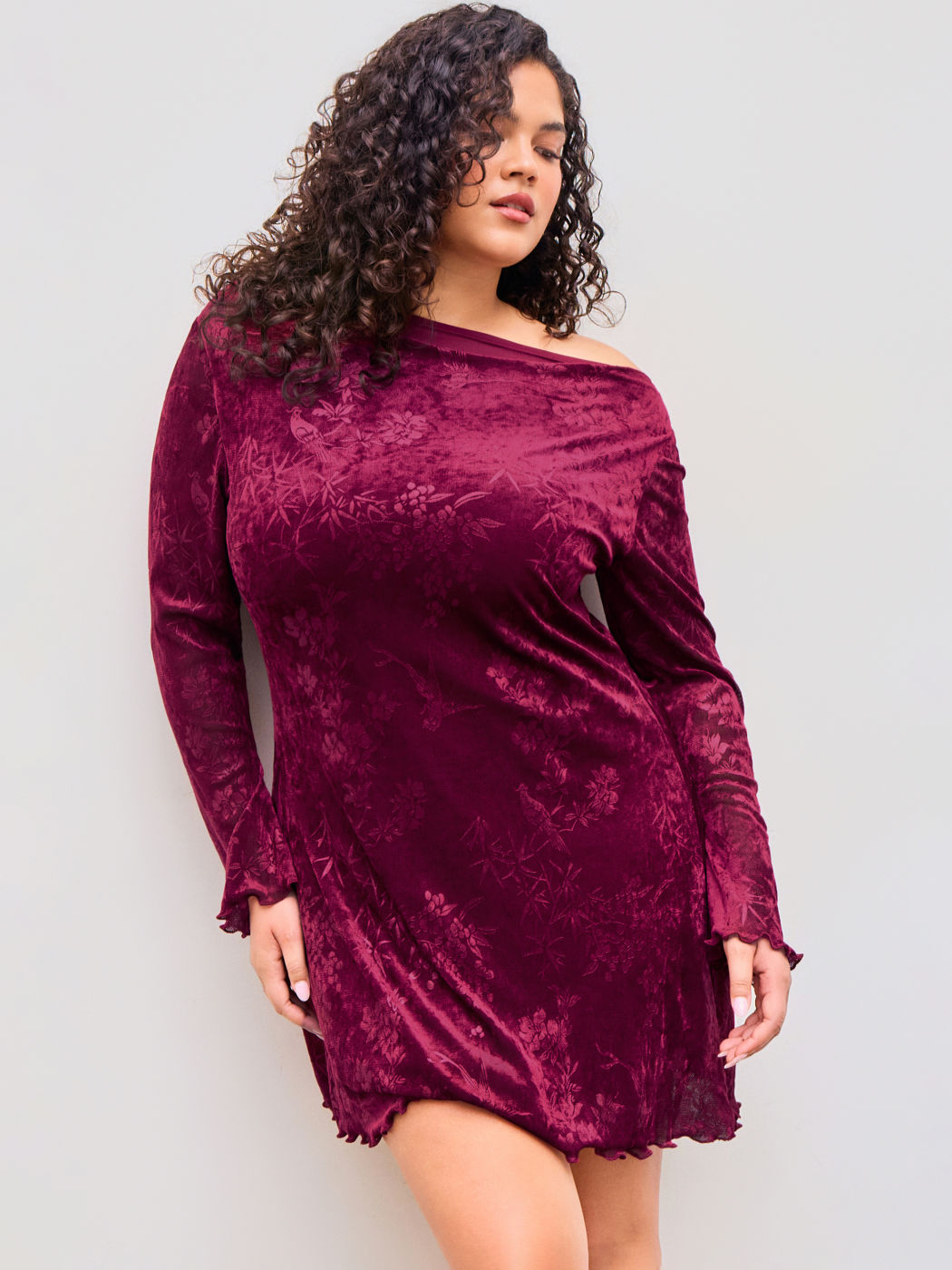 Velvet Boat Neckline Floral Lettuce Trim Mini Dress Curve & Plus