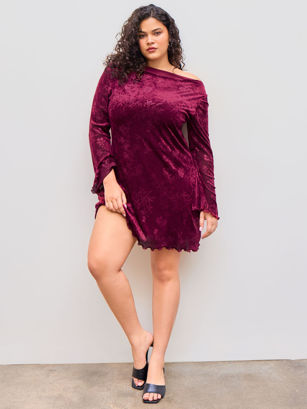 Velvet Boat Neckline Floral Lettuce Trim Mini Dress Curve & Plus