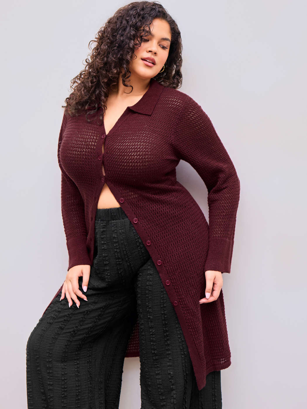 Tricot Knitted Collar Solid Button Hollow Out Long Cardigan Curve