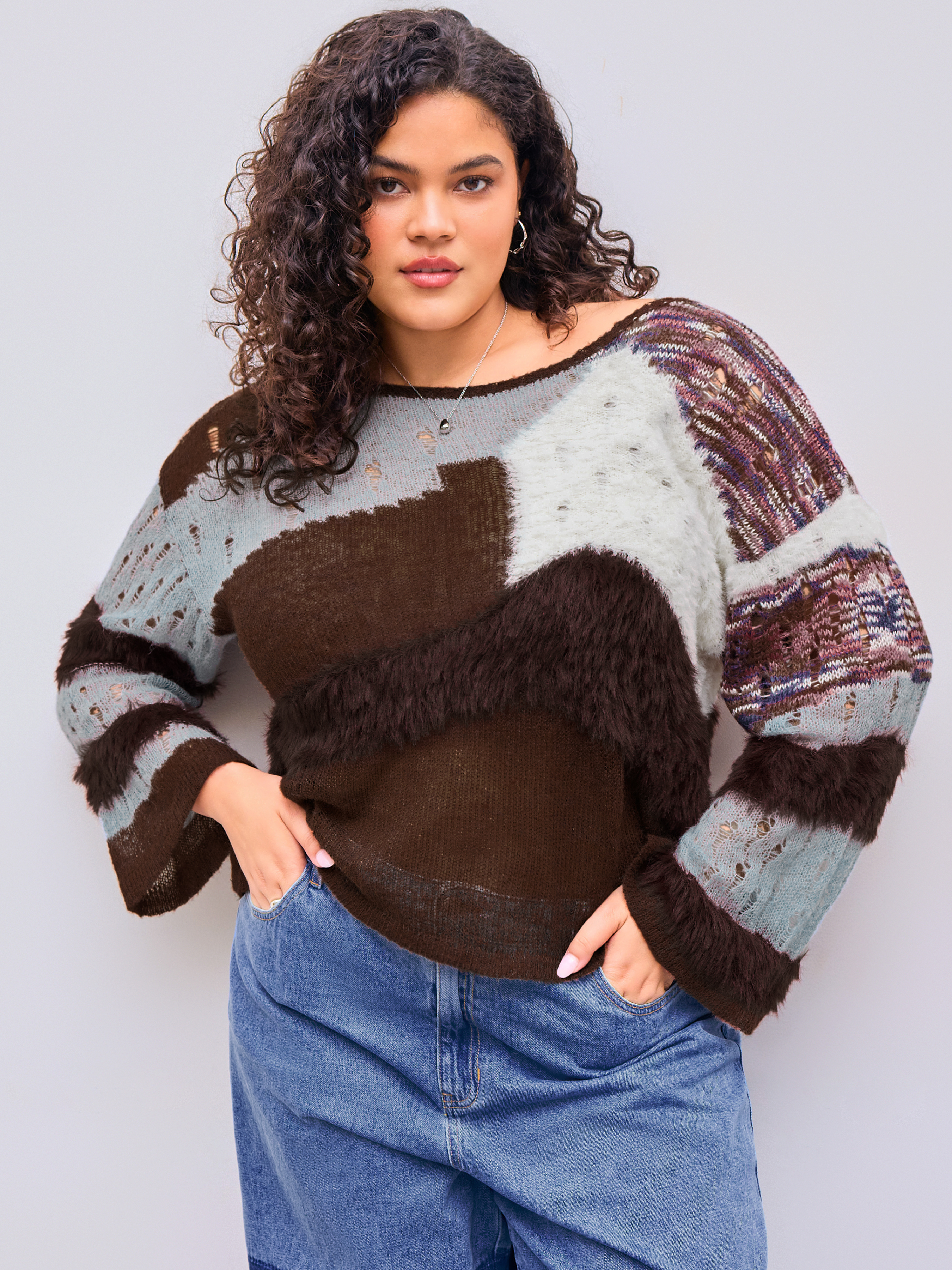 ニット・セーター ASCLO Mix Loving Over Knit (3color) Contrast Color Boucle Bow Knit Sweater in Black - Retro