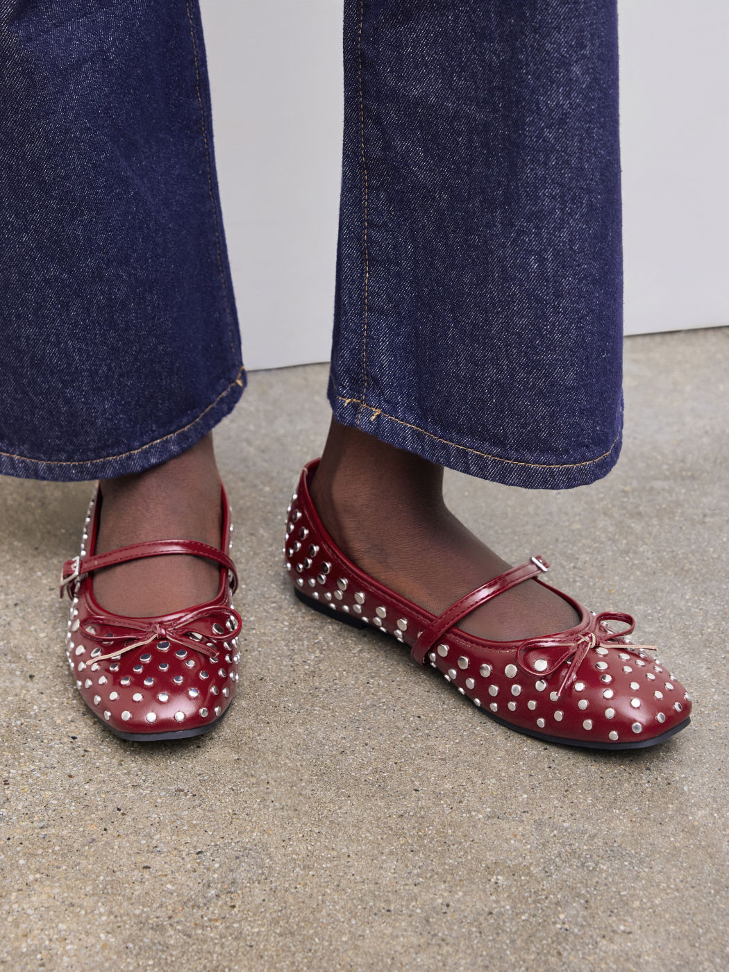 BOWKNOT STUDDED MARY JANE FLATS