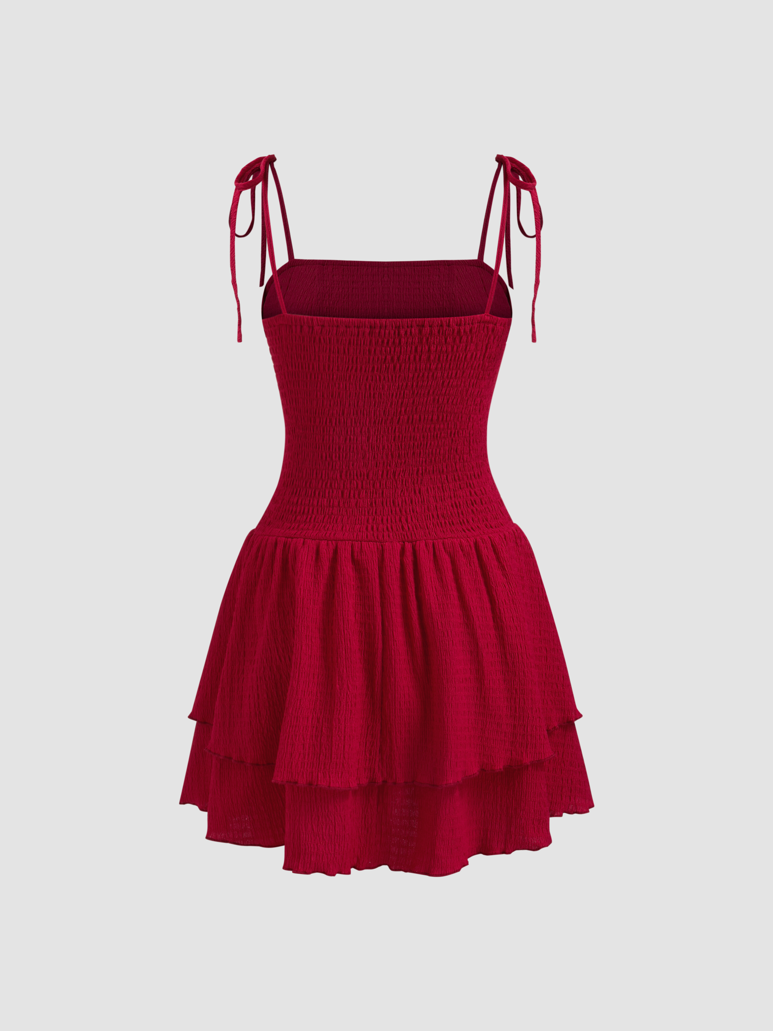 Square Neck Solid Ruched Knotted Layered Mini Dress