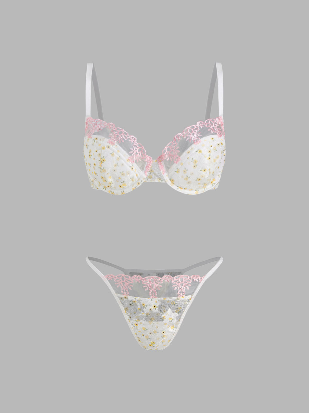 V-neck Lace Floral Embroidery Underwire Lingerie Set