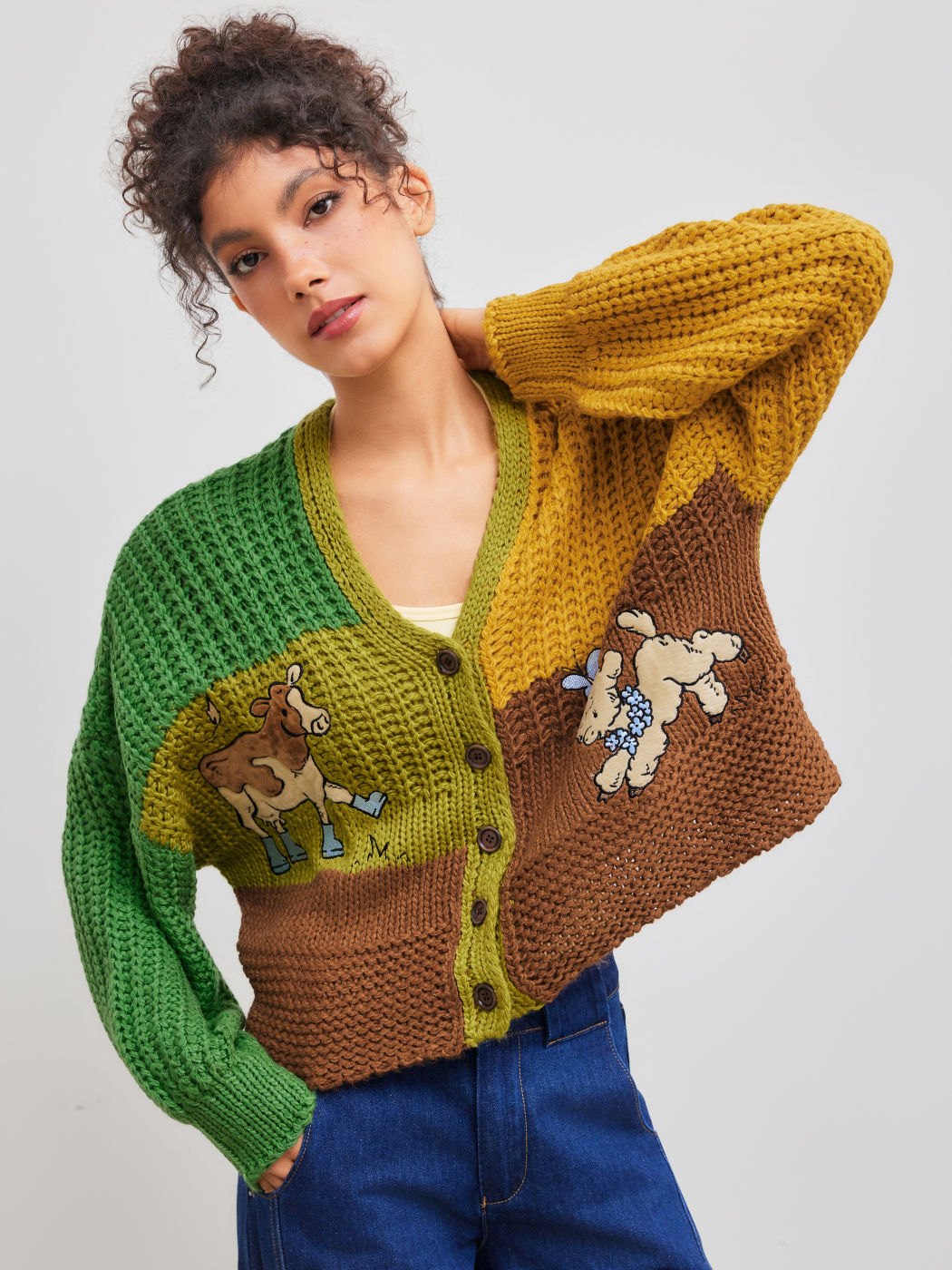 Knitted V-neck Colorblock Sheep Cow Button Cardigan