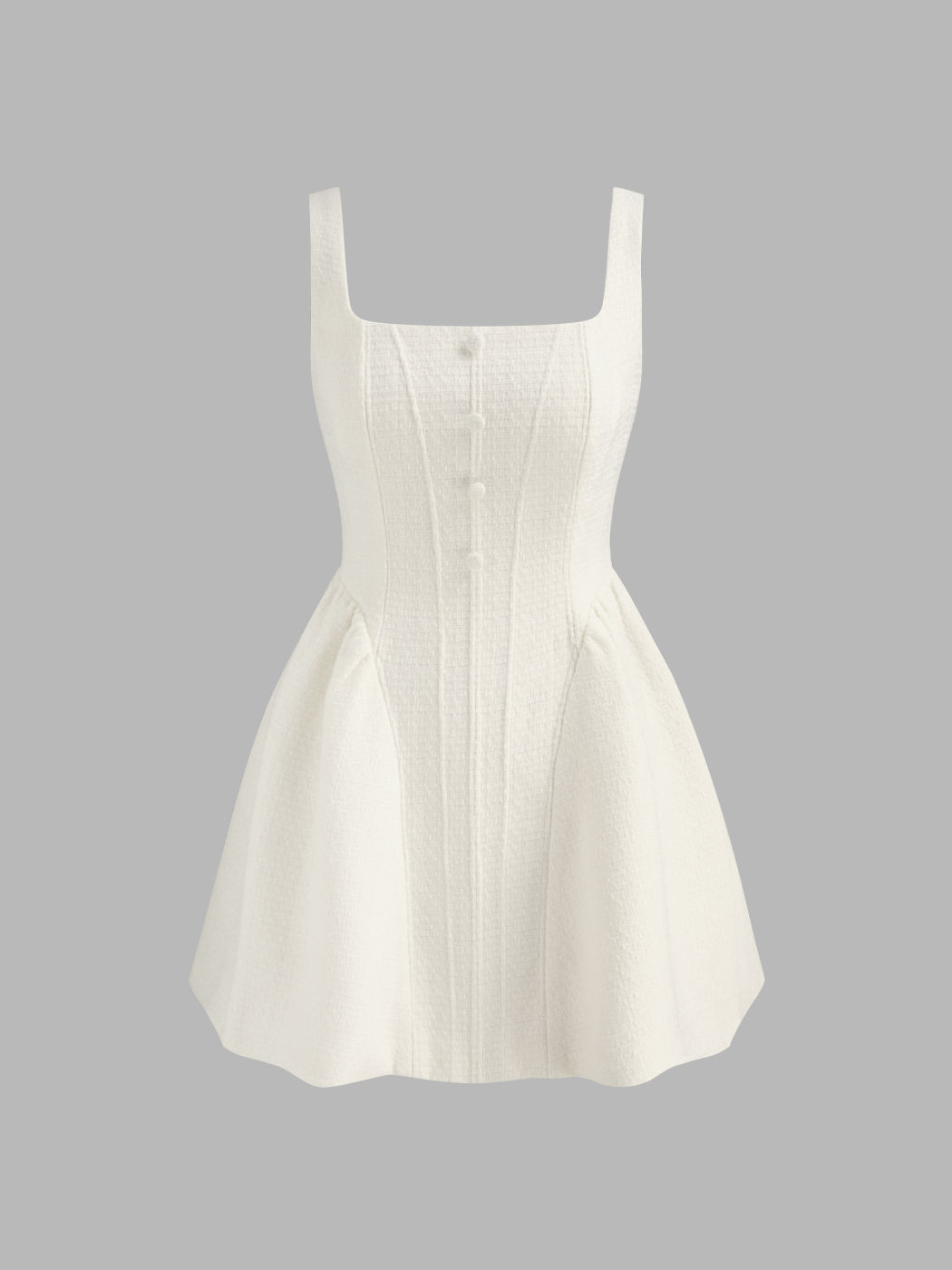 Tweed Square Neck Solid Button Bubble Hem Mini Dress