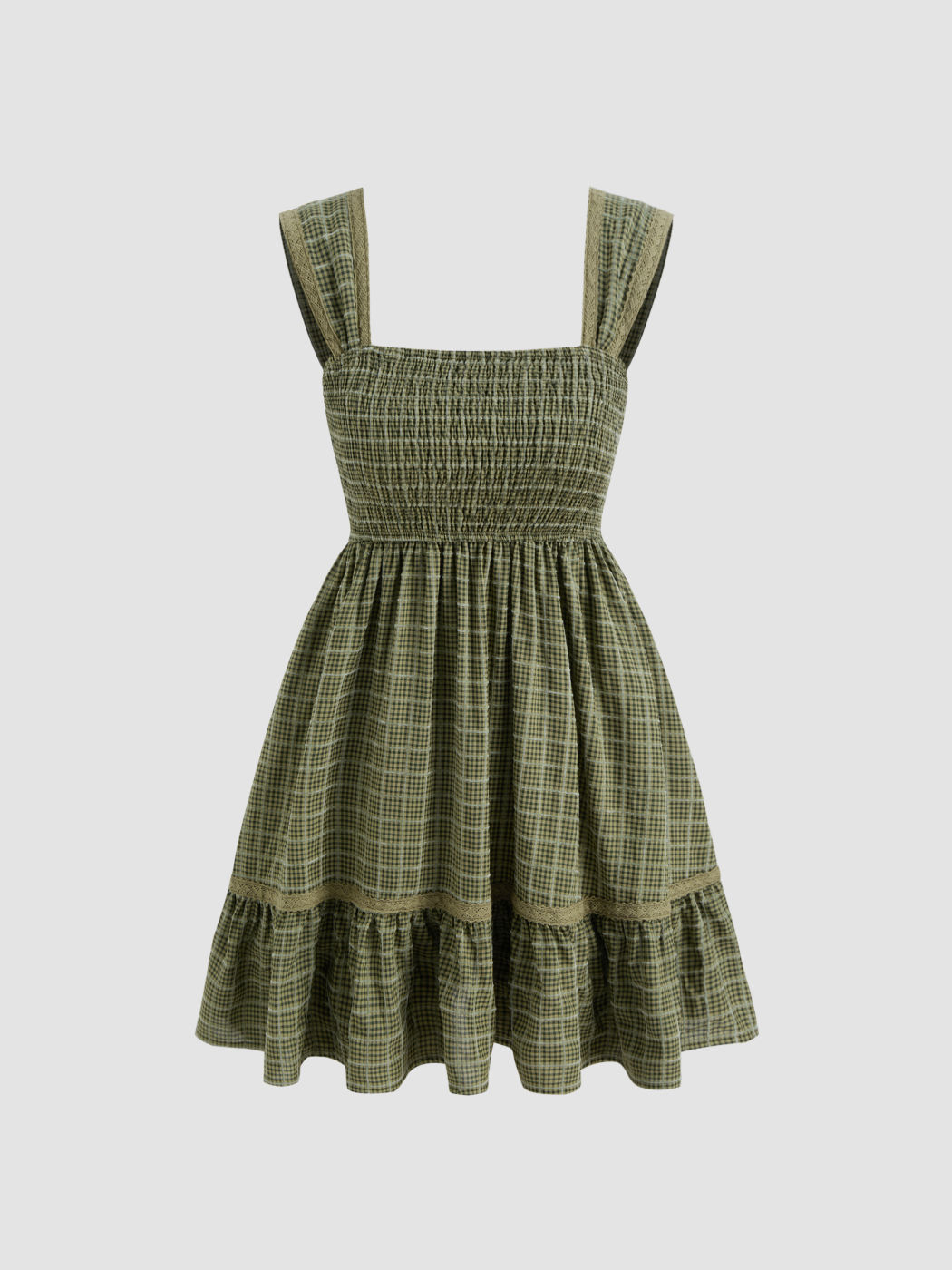 Square Neck Check Lace Shirred Tiered Mini Dress
