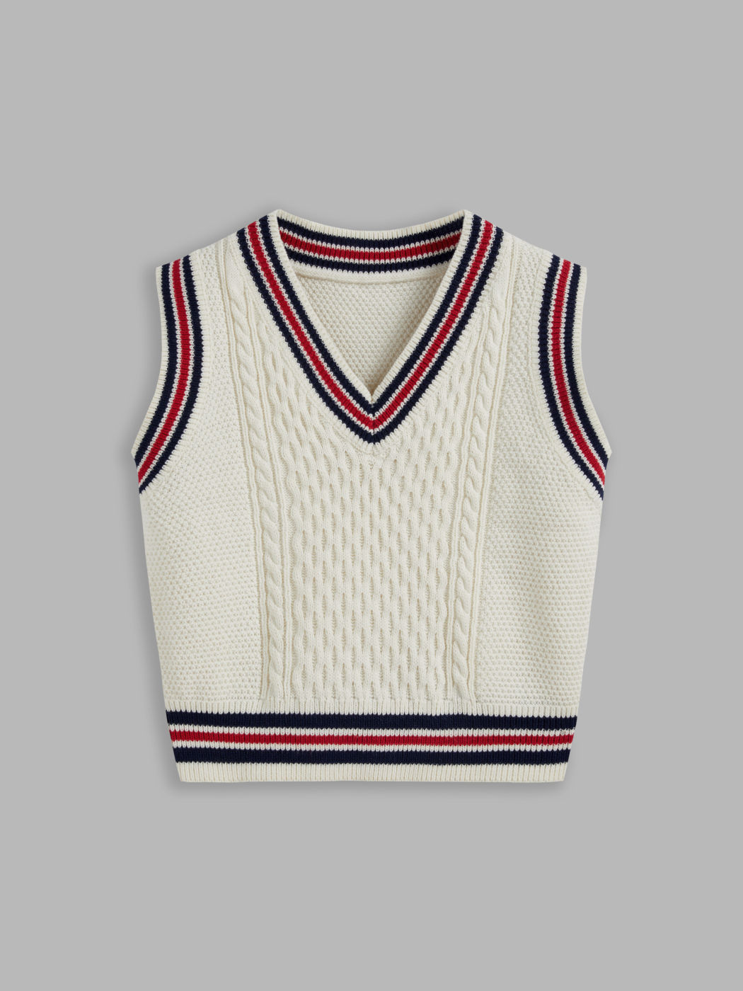 Cable Knit V-neck Striped Contrasting Binding Vest