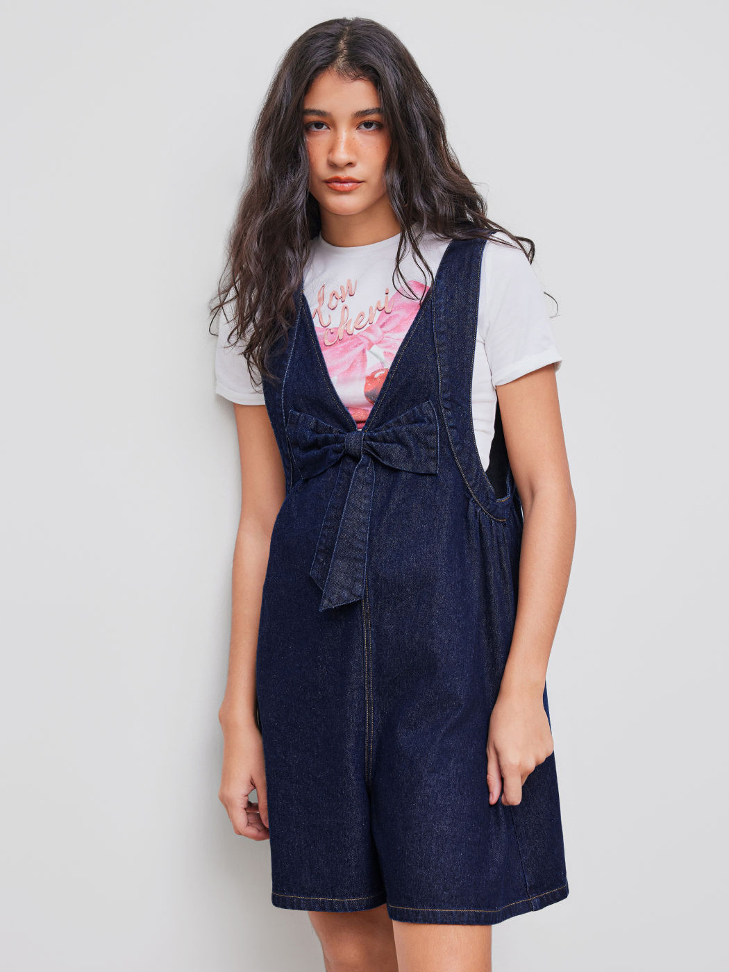 Denim V-neck Solid Bowknot Wide Leg Romper