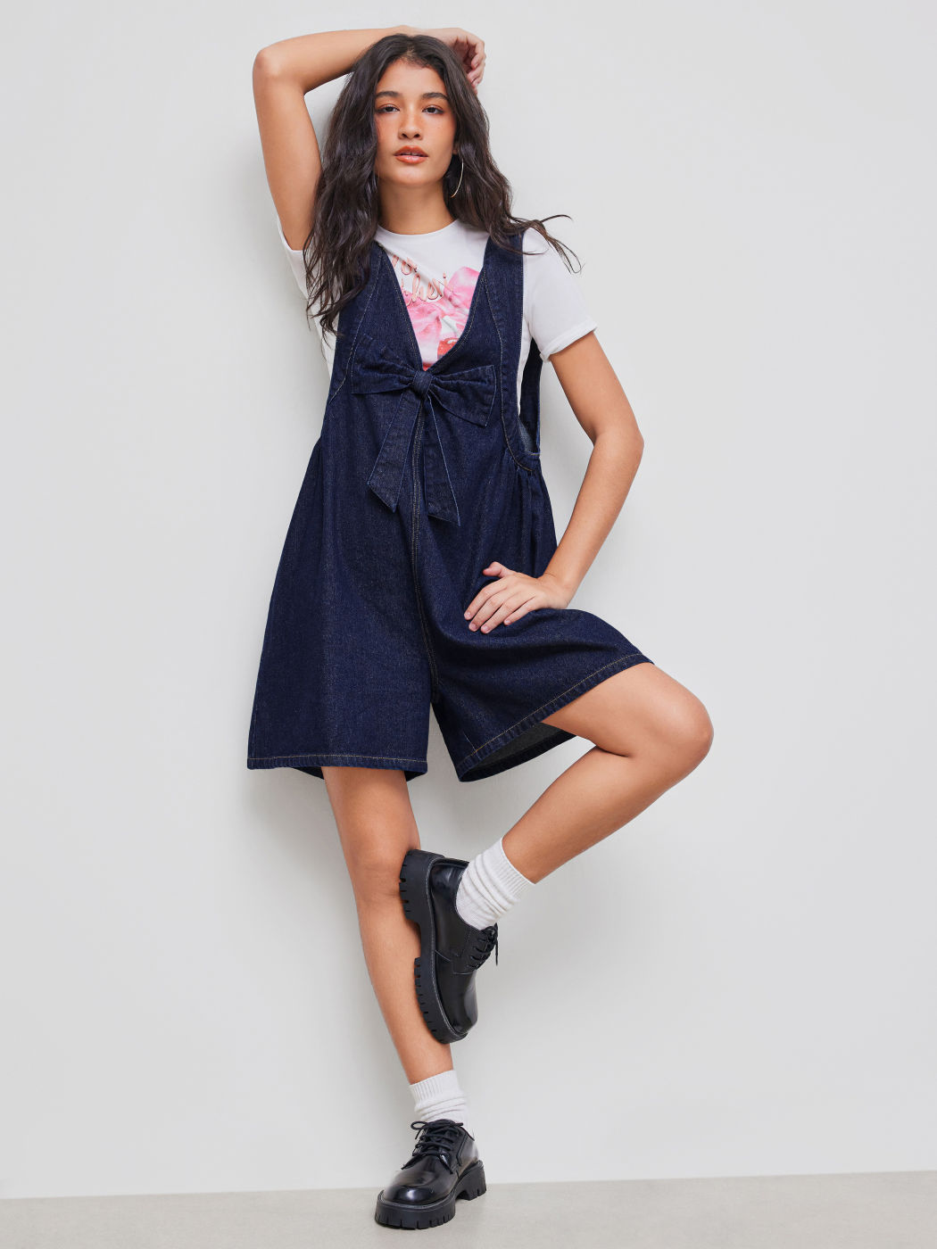 Denim V-neck Solid Bowknot Wide Leg Romper