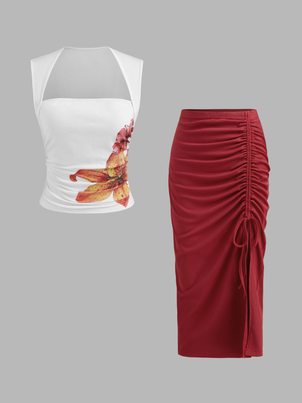 Cotton-blend Square Neck Floral Ruched Tank Top & Mid Rise Solid Drawstring Midi Skirt Set