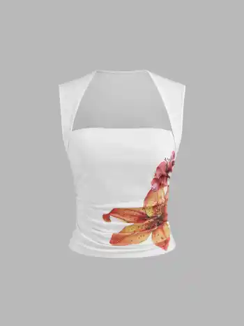 Baumwollmischung Quadrathals Floral Rüschen Tanktop & Mid Rise Einfarbig Kordelzug Midirock Set